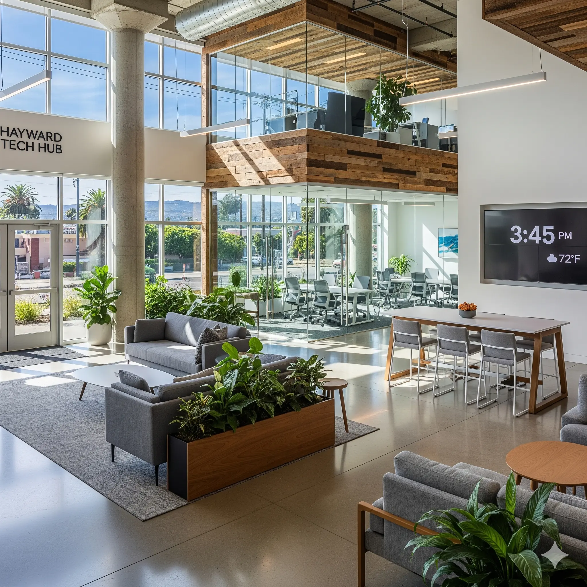 Hayward Tech Hub coworking space with modern lounge seating, natural light, and bay view windows