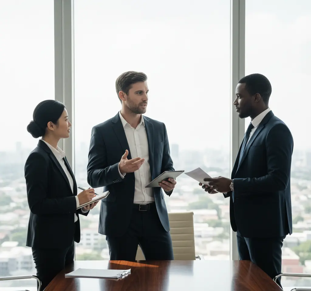 Three business professionals discussing marketing strategy in modern office with city views
