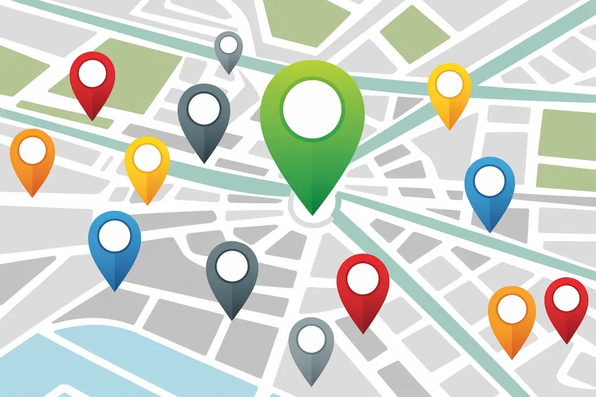 Blog 5 digital city map with colorful pins, one business highlighted in bright green at the top of search results, modern infographic style