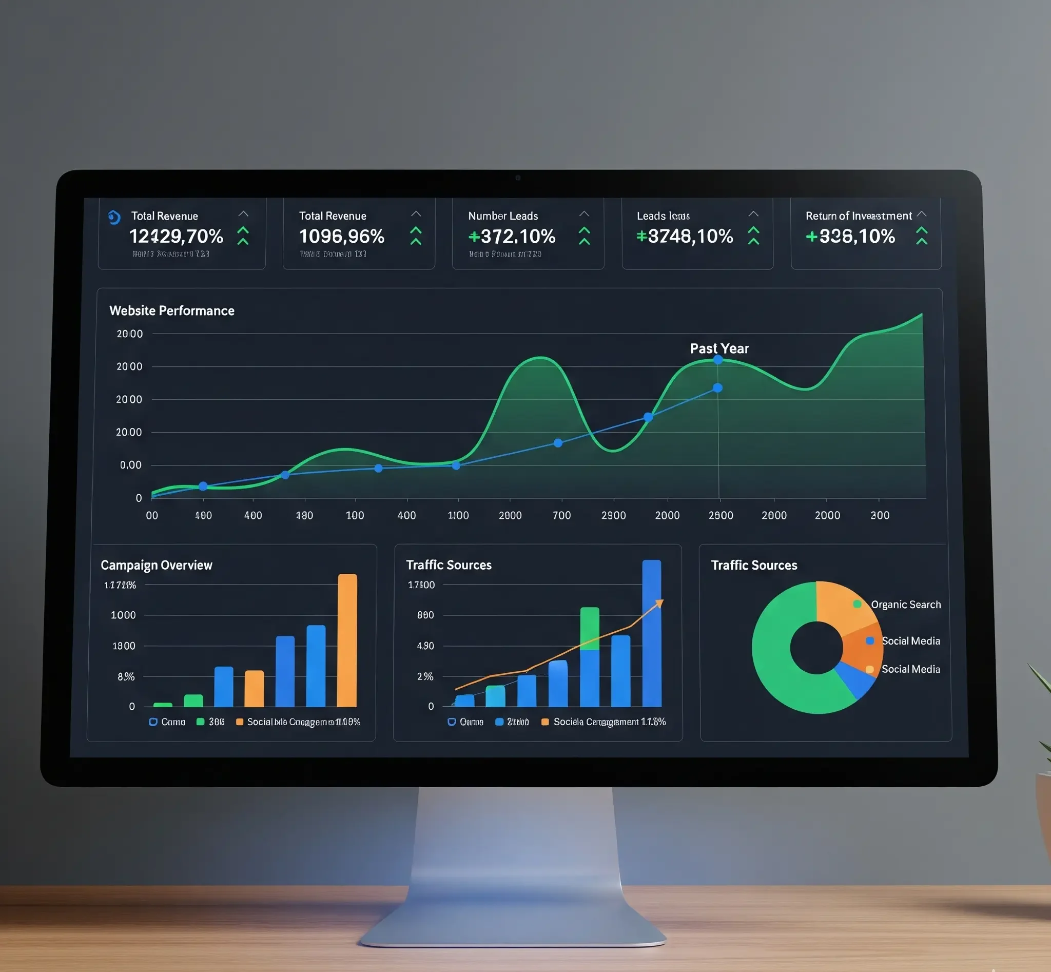 Digital marketing analytics dashboard displaying revenue growth, website performance trends, campaign metrics, and traffic