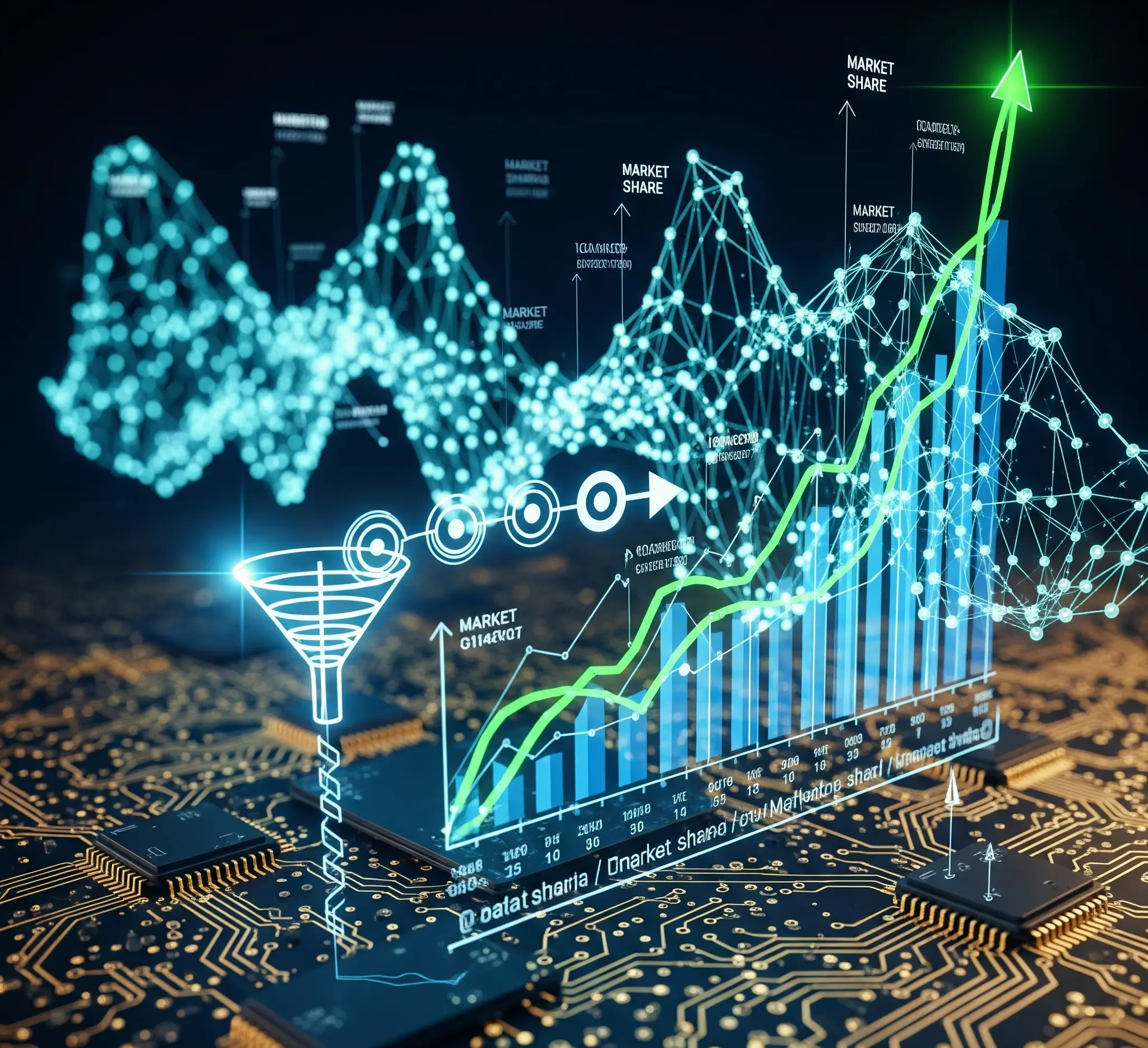 Digital marketing analytics dashboard with data visualization, market share charts, and growth metrics on circuit board