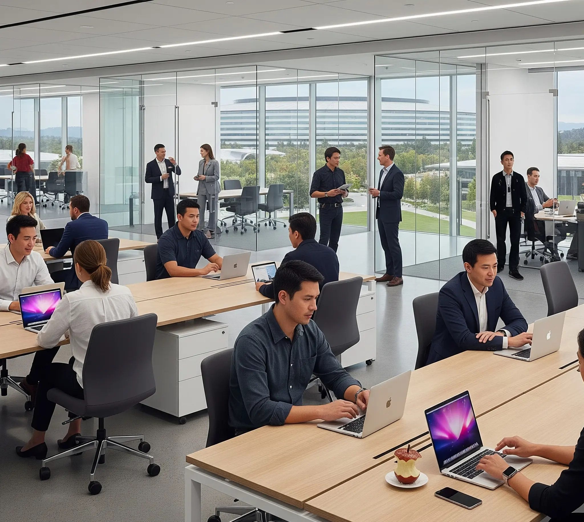 Modern office workspace with professionals working at desks with laptops and collaborating in glass-walled meeting areas