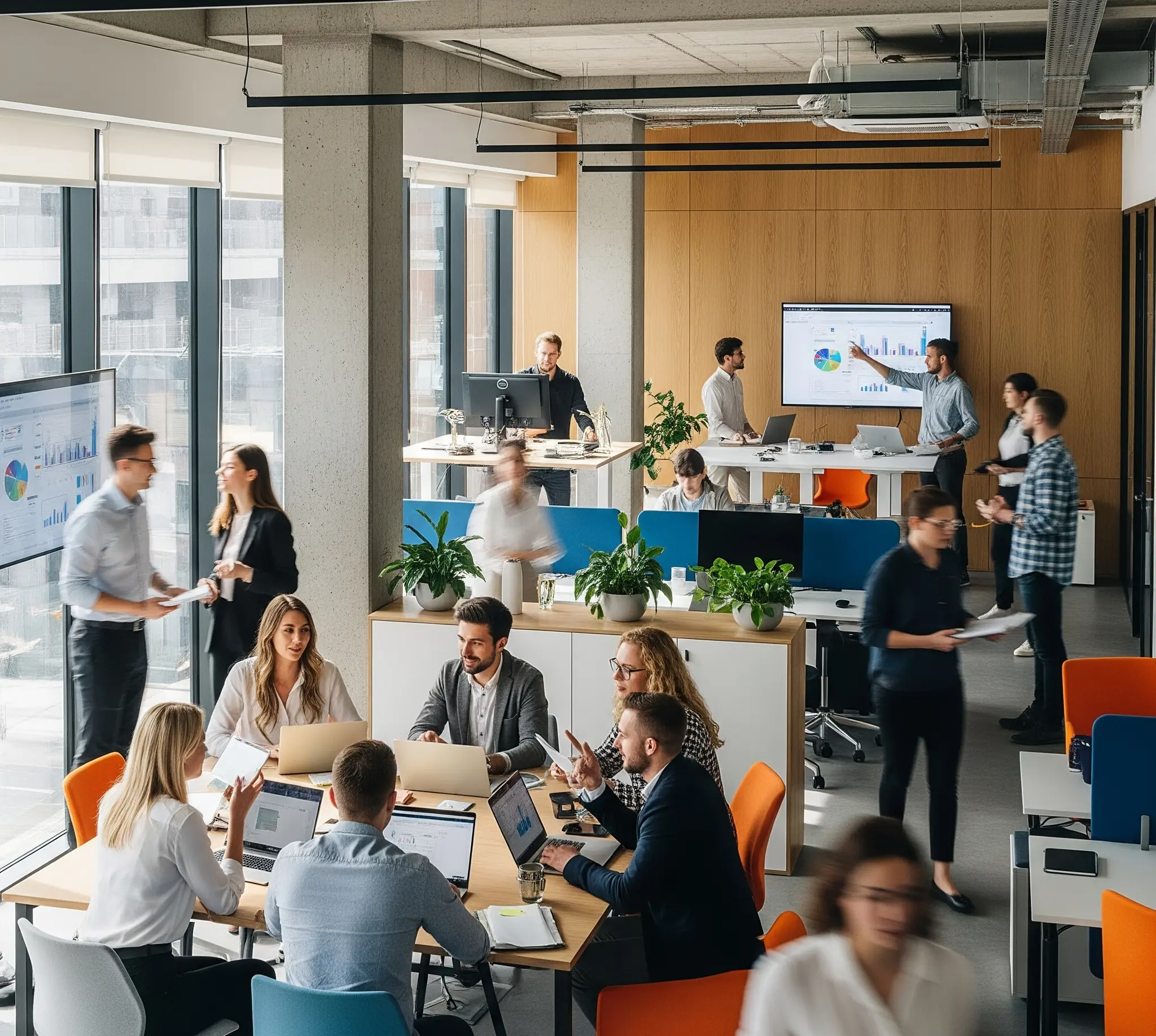 Modern digital marketing office with team collaborating on analytics and strategy projects