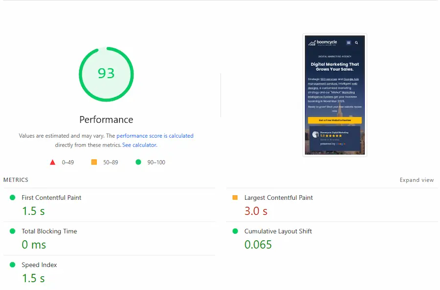 How To Get Your Business To The Top Of Google Search Results 6 Google PageSpeed Insights showing the Boomcycle website grading at a 93 which is incredible for Elementor and WordPress