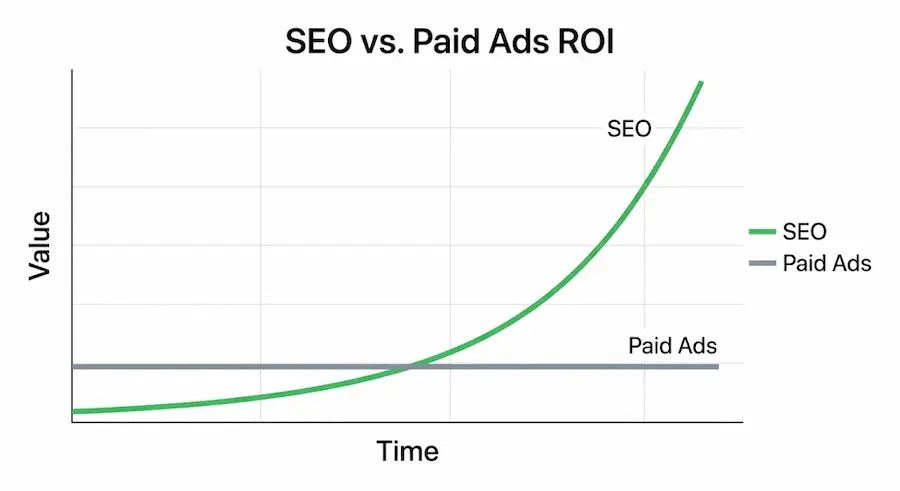 How To Get Your Business To The Top Of Google Search Results 3 SEO vs. Paid Ads ROI graphlette