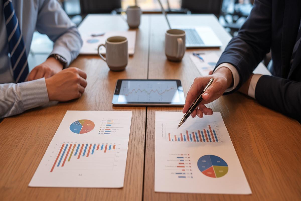 Blog 10 Marketing team reviewing budget reports and charts at a conference table