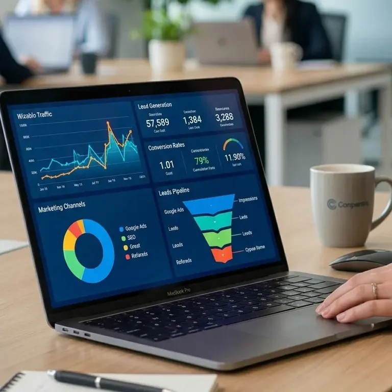 Laptop showing a marketing dashboard with website traffic, lead generation, and conversion rate data