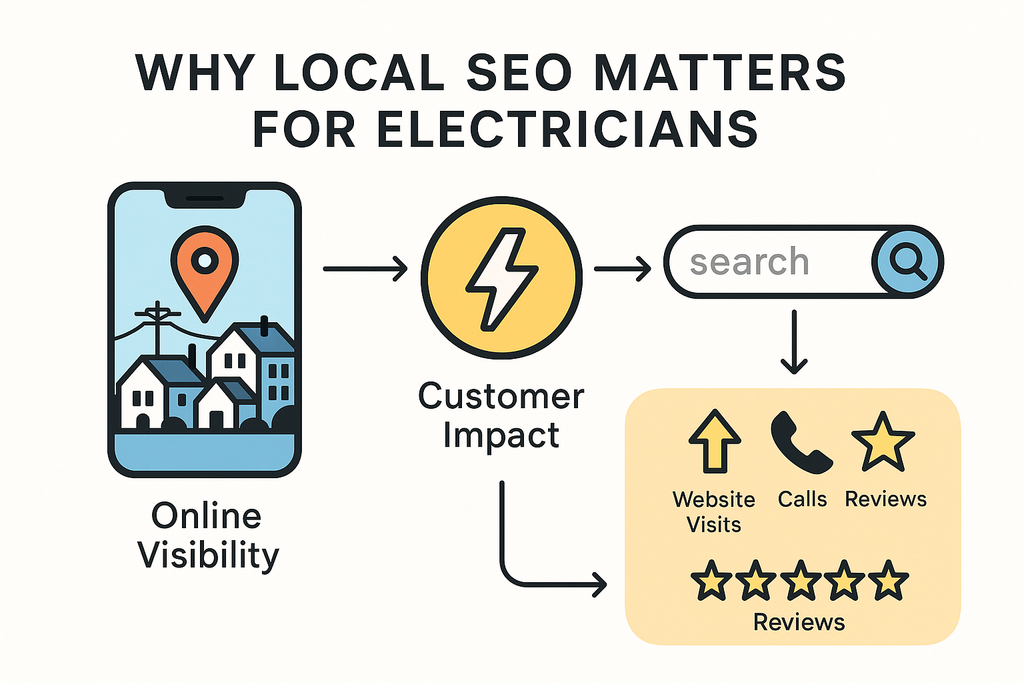 Local Seo For Electricians That Helps Your Electrical Business Get Found 1 Minimalist infographic showing a smartphone map with location pin, electrician lightning bolt icon, magnifying glass, arrows, and icons for website visits, calls, and five-star reviews. Blue and yellow sections highlight online visibility and real-world impact. Clean, accessible layout for electricians’ local SEO importance.