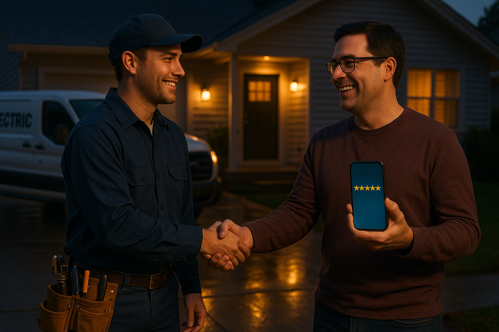 Local Seo For Electricians That Helps Your Electrical Business Get Found 2 Electrician in a worn uniform shakes hands with a happy homeowner outside a suburban house at dusk. The homeowner's smartphone displays a glowing five-star review, symbolizing trust and satisfaction. Details include a tool belt, branded van, and wet street reflecting moody lighting.