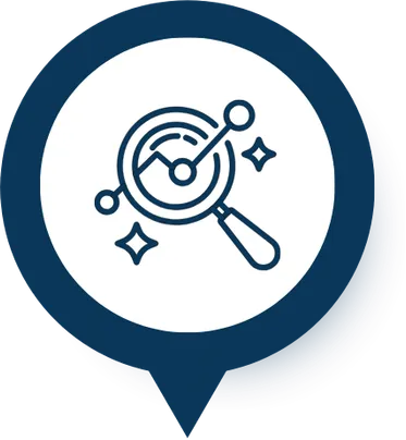 Fence Marketing 6 Icon of a magnifying glass over a chart with sparkles, representing analysis
