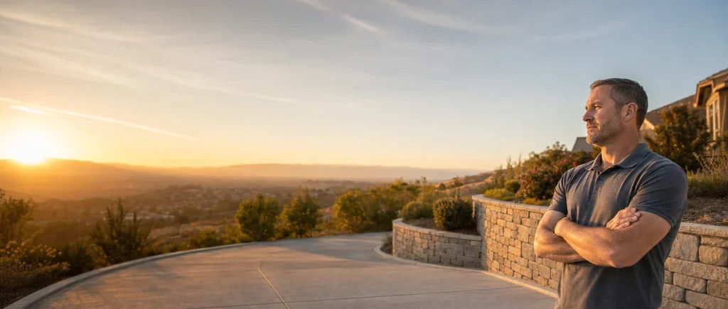 Concrete and masonry contractor by a stone retaining wall and new driveway at sunset
