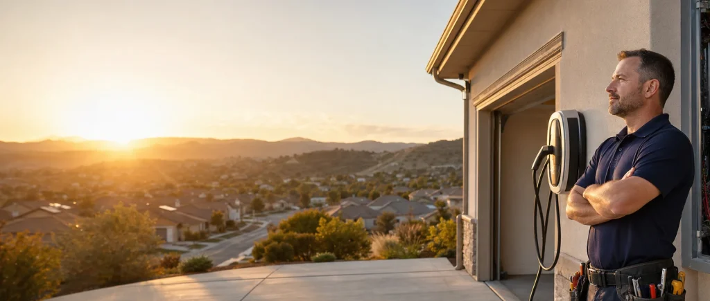 Electrician beside a garage EV charger overlooking a hillside neighborhood at sunset