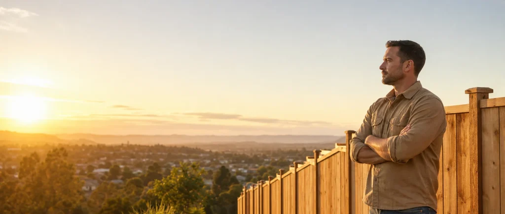 Fence contractor leaning beside a new wooden fence overlooking a valley at sunset