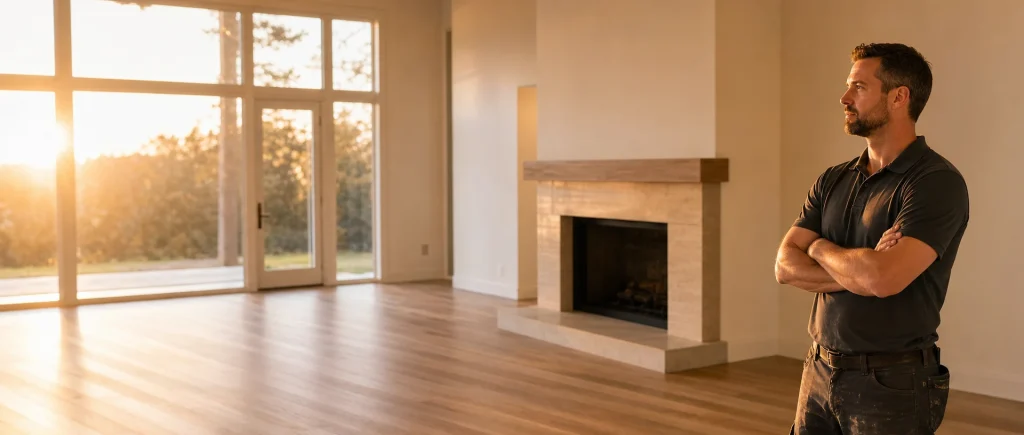 Flooring pro standing in an empty room with new hardwood floors and a fireplace