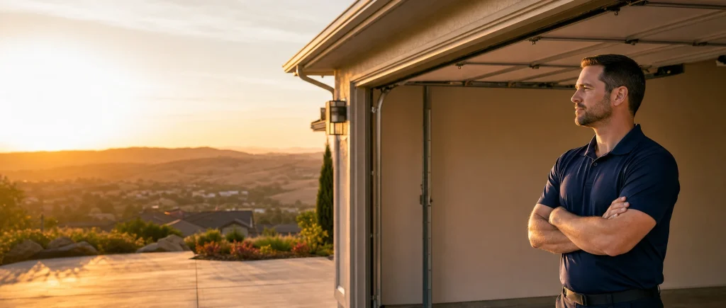 Garage door technician in front of an open garage door at sunset