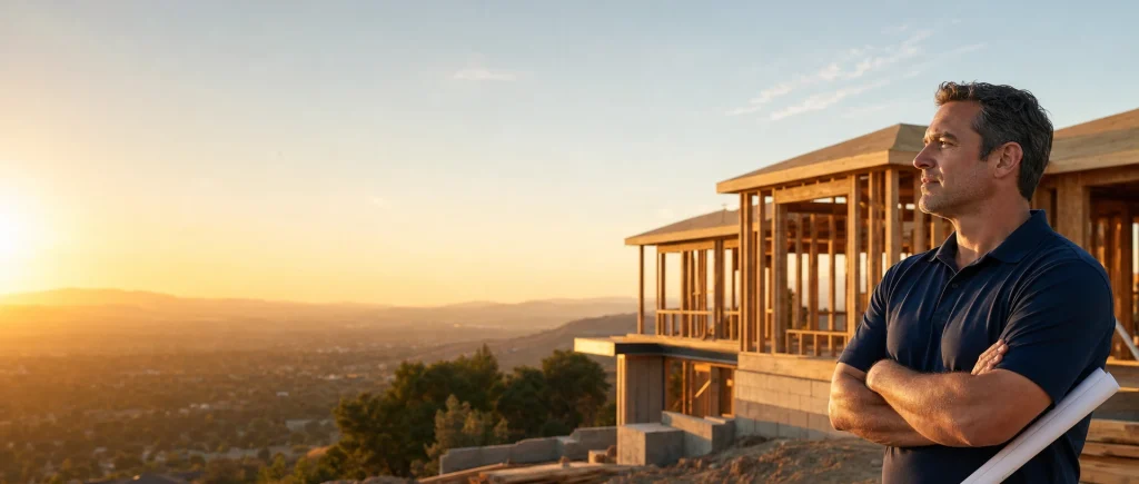 General contractor with rolled plans in front of a home under construction at sunset