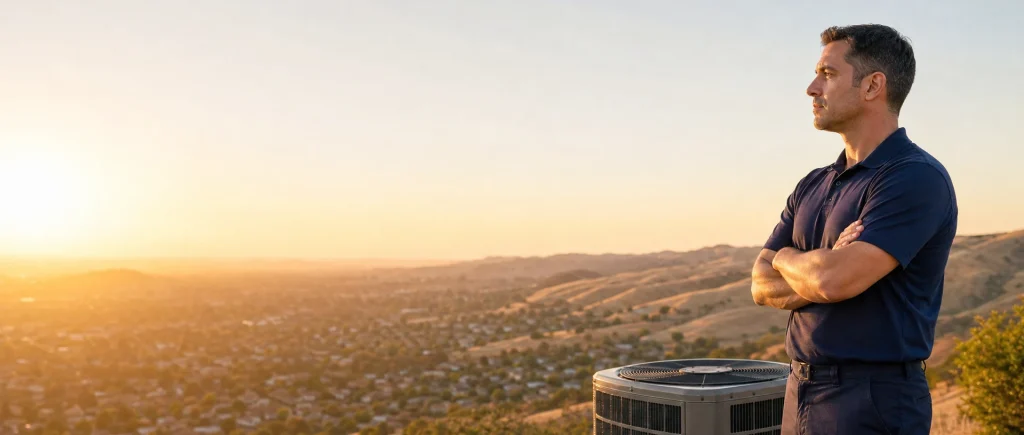 HVAC technician beside an outdoor air conditioning unit overlooking hills at sunset