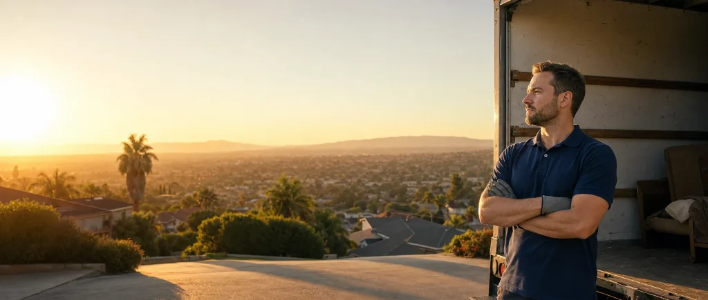 Junk removal worker by an open truck in a driveway at sunset
