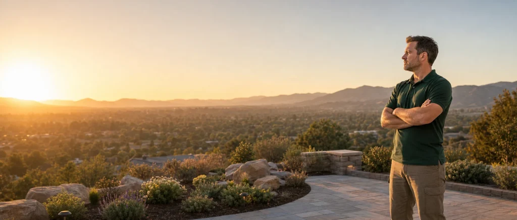 Landscaper standing on a paver patio with a landscaped garden and valley view at sunset