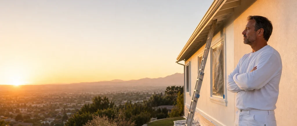 House painter in white standing by a ladder at a hillside home at sunset
