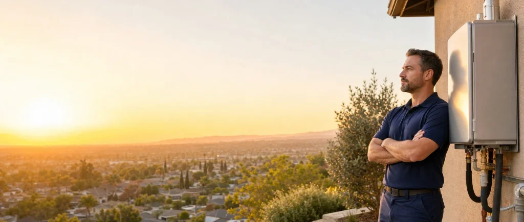 Plumber next to a wall-mounted tankless water heater at sunset
