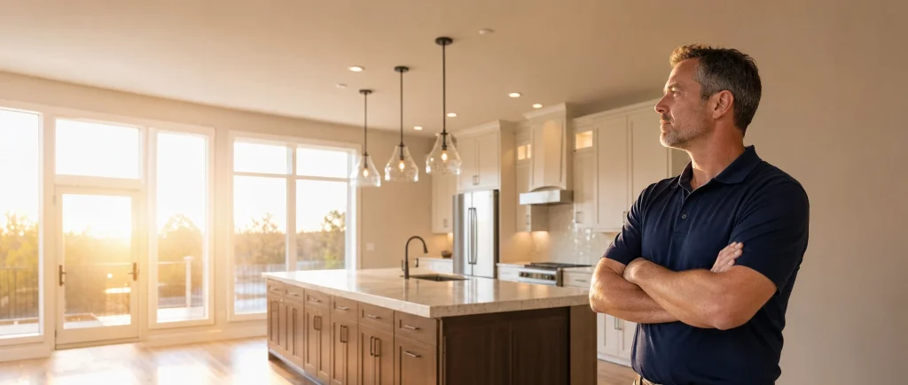 Remodeling contractor standing in a newly finished kitchen with a large island