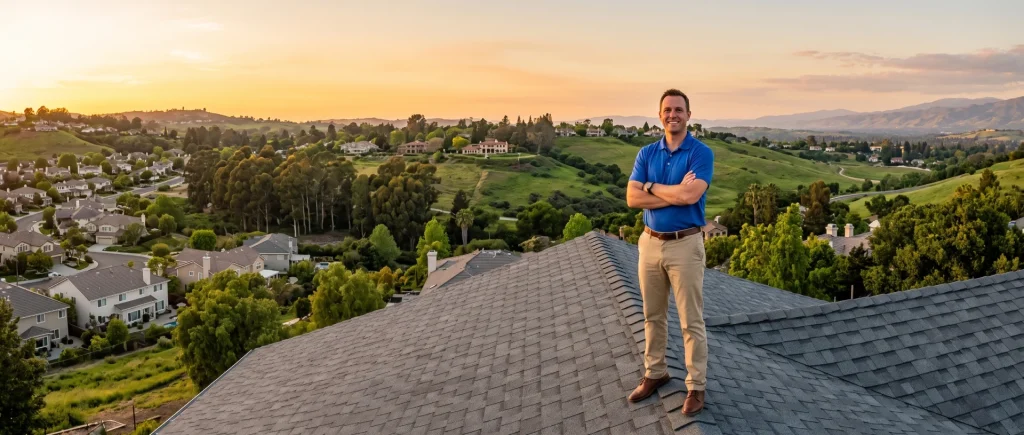 Man standing on a residential roof at sunset overlooking a hillside neighborhood