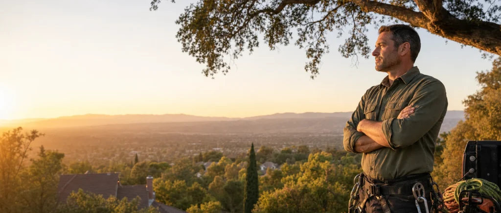 Arborist in climbing gear under an oak tree overlooking a valley at sunset