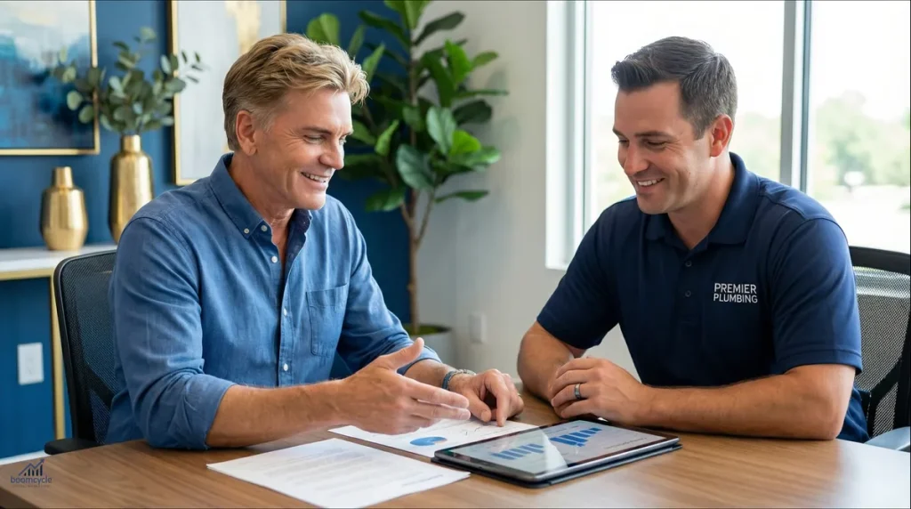 A Boomcycle Digital Marketing consultant reviewing campaign results on a tablet with a home services contractor