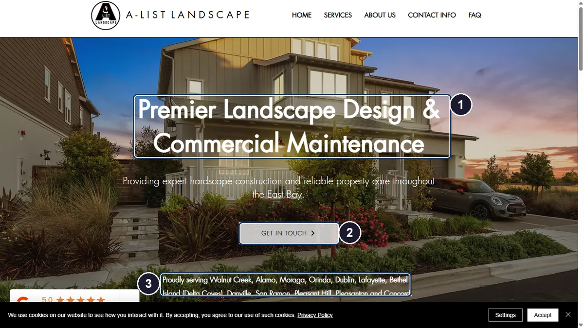 Website Layout Examples That Actually Convert 5 Annotated screenshot of an East Bay landscaping homepage: centered headline, button and service area line