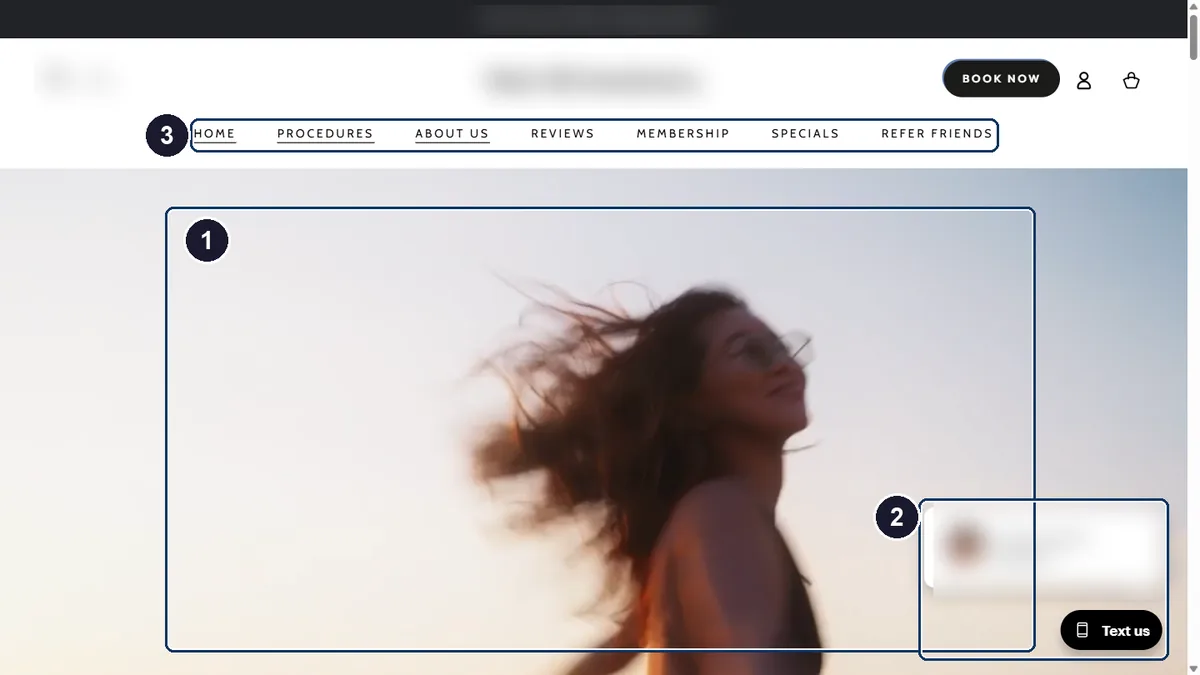Website Layout Examples That Actually Convert 1 Annotated screenshot of a med spa homepage whose first screen carries a photo, a menu and no headline