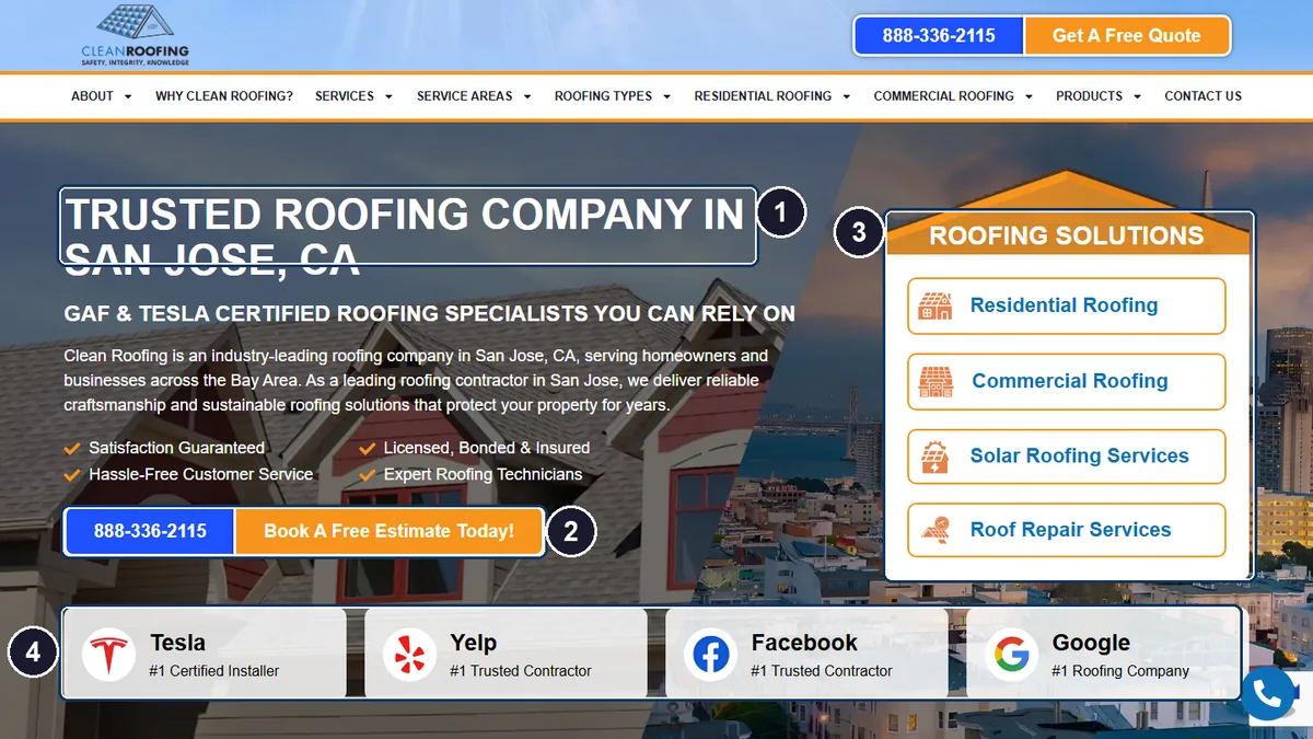 Website Layout Examples That Actually Convert 3 Annotated screenshot of a San Jose roofing homepage: headline, phone, quote button and service cards marked