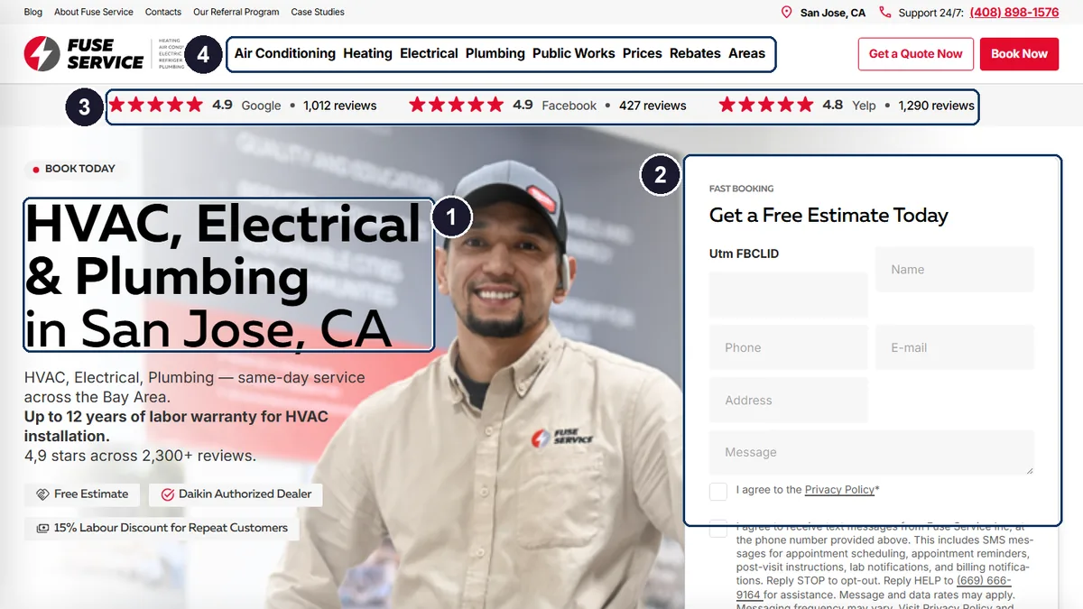 Website Layout Examples That Actually Convert 2 Annotated screenshot of a San Jose HVAC homepage: headline, quote form, review bar and menu marked