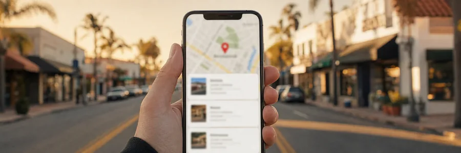 Hand holding a phone showing three map pack business listings on a California main street, the local search result Boomcycle Digital Marketing works to win