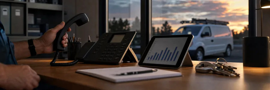 Desk phone lifted mid-ring beside a tablet showing a bar chart of incoming calls at a home services office, with a service van outside