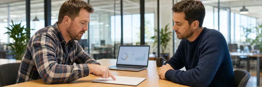 Business owner in a plaid work shirt pointing at a clause in an SEO service agreement while a consultant listens, Boomcycle Digital Marketing