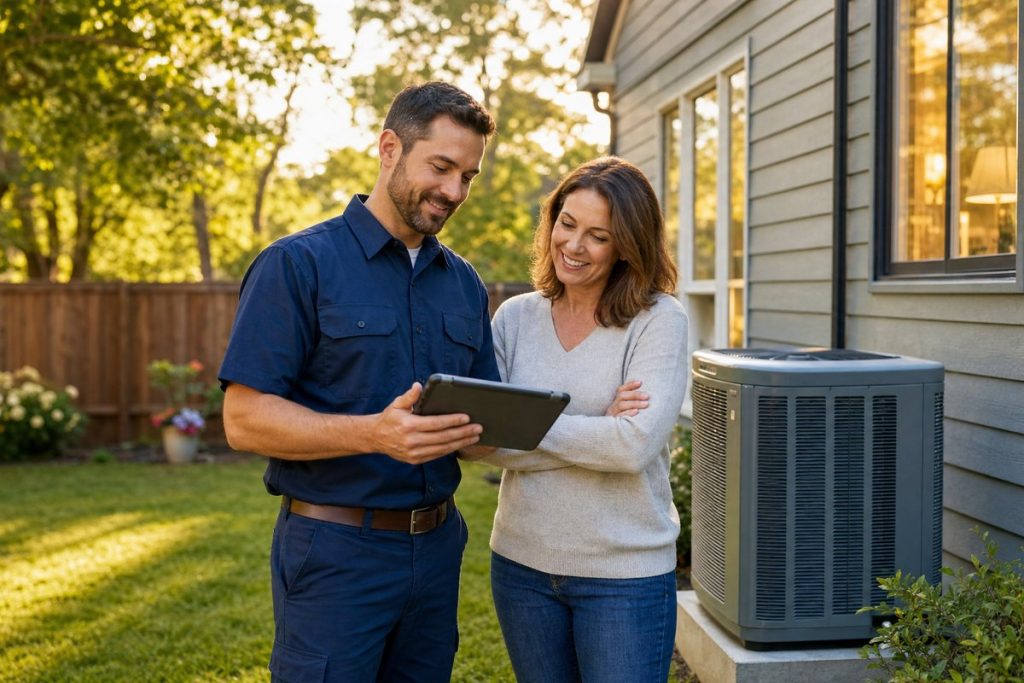 HVAC technician showing a homeowner a tablet beside a new outdoor heat pump at a suburban home