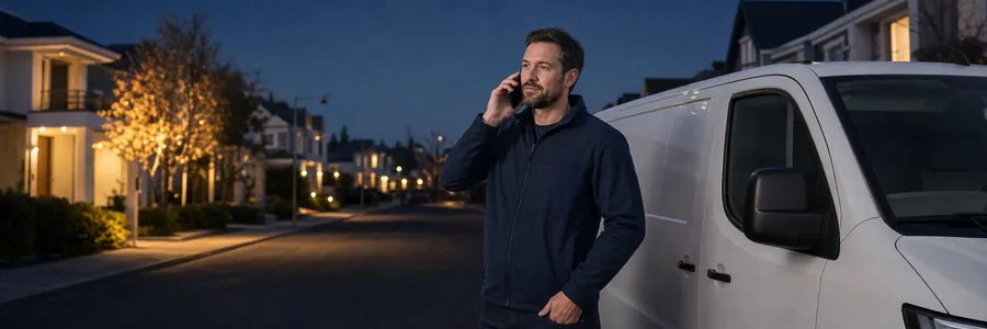 Electrician Google My Business Optimization: Turn Your Profile Into Phone Calls 5 Electrician answering a phone call beside a white service van on a residential street at dusk
