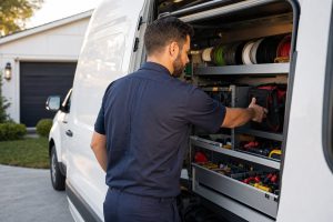 Locations - Custom 3 Electrician in a navy work shirt reaching for a tool bag in the open side door of a white service van in a home driveway