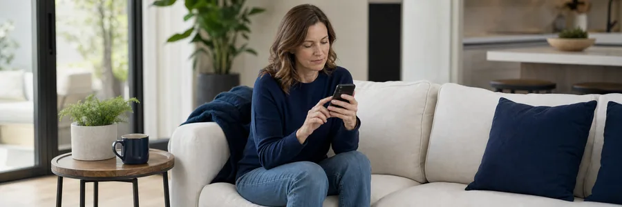 Electrician Google My Business Optimization: Turn Your Profile Into Phone Calls 8 Homeowner on a living room sofa reading reviews on her smartphone before calling an electrician