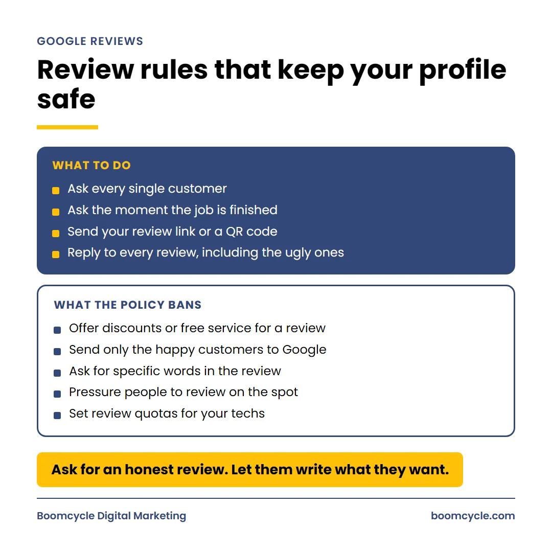 Electrician Google My Business Optimization: Turn Your Profile Into Phone Calls 7 Infographic of Google review rules: what to do and what Google's review policy bans