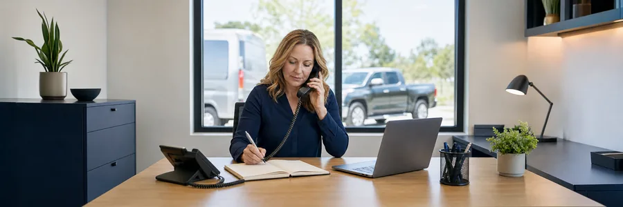 Electrician Google My Business Optimization: Turn Your Profile Into Phone Calls 9 Office manager at an electrical contractor on the phone, writing in a notebook at her desk