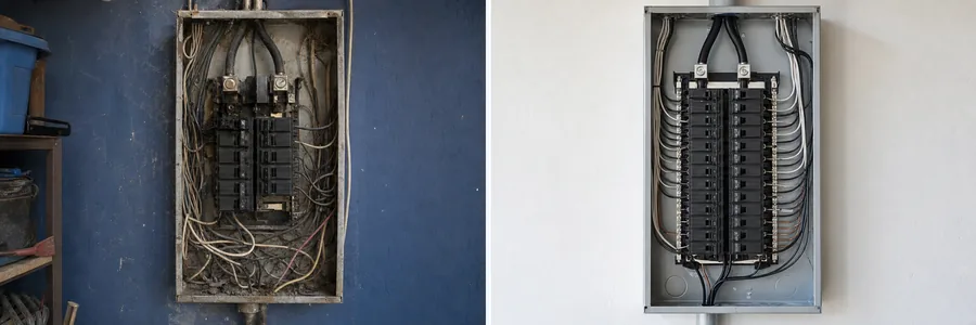 Electrician Google My Business Optimization: Turn Your Profile Into Phone Calls 6 Before and after: an old, soot-stained breaker panel with messy wiring beside a new, neatly wired breaker panel