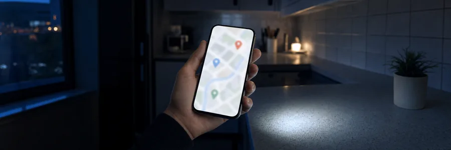 Electrician Google My Business Optimization: Turn Your Profile Into Phone Calls 1 Hand holding a smartphone showing a blurred map with three pins in a dark kitchen at night