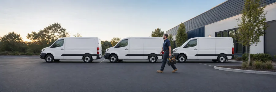 Electrician Google My Business Optimization: Turn Your Profile Into Phone Calls 3 Electrician carrying a tool bag past three white service vans parked in a small business lot