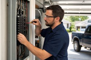 Locations - Custom 4 Electrician in safety glasses working on an open residential breaker panel in a suburban garage