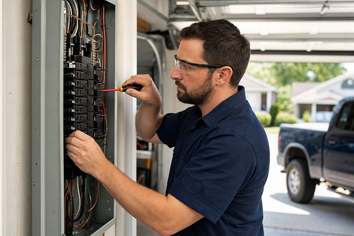 Electrician in safety glasses working on an open residential breaker panel in a suburban garage