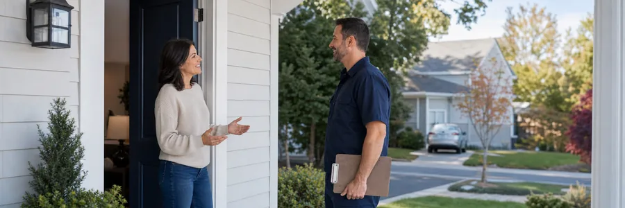 Homeowner at her front door greeting a smiling electrician who holds a clipboard
