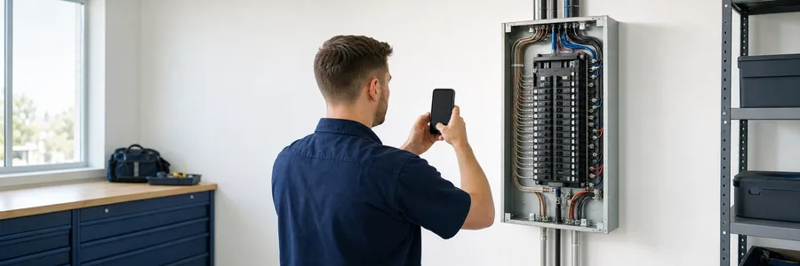 Electrician photographing a neatly wired open breaker panel with a smartphone
