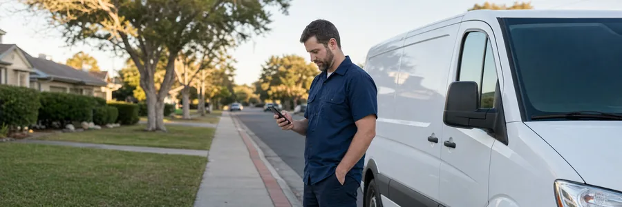 Electrician checking his smartphone on a residential sidewalk beside an unmarked white service van